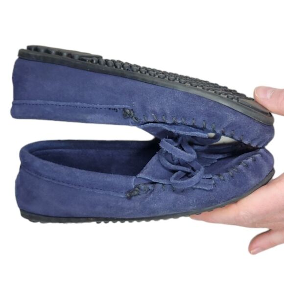Minnetonka Moccasin Shoes Women's Kilty Hardsole Suede Blue Flat Tassel Bow 6 - Picture 7 of 12